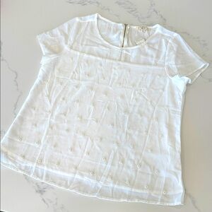 EZRA SIZE L~CRISP WHITE BEADED PEARL FLORAL BLOUSE ~SHEER NECKLINE~MULTI-LAYER ~